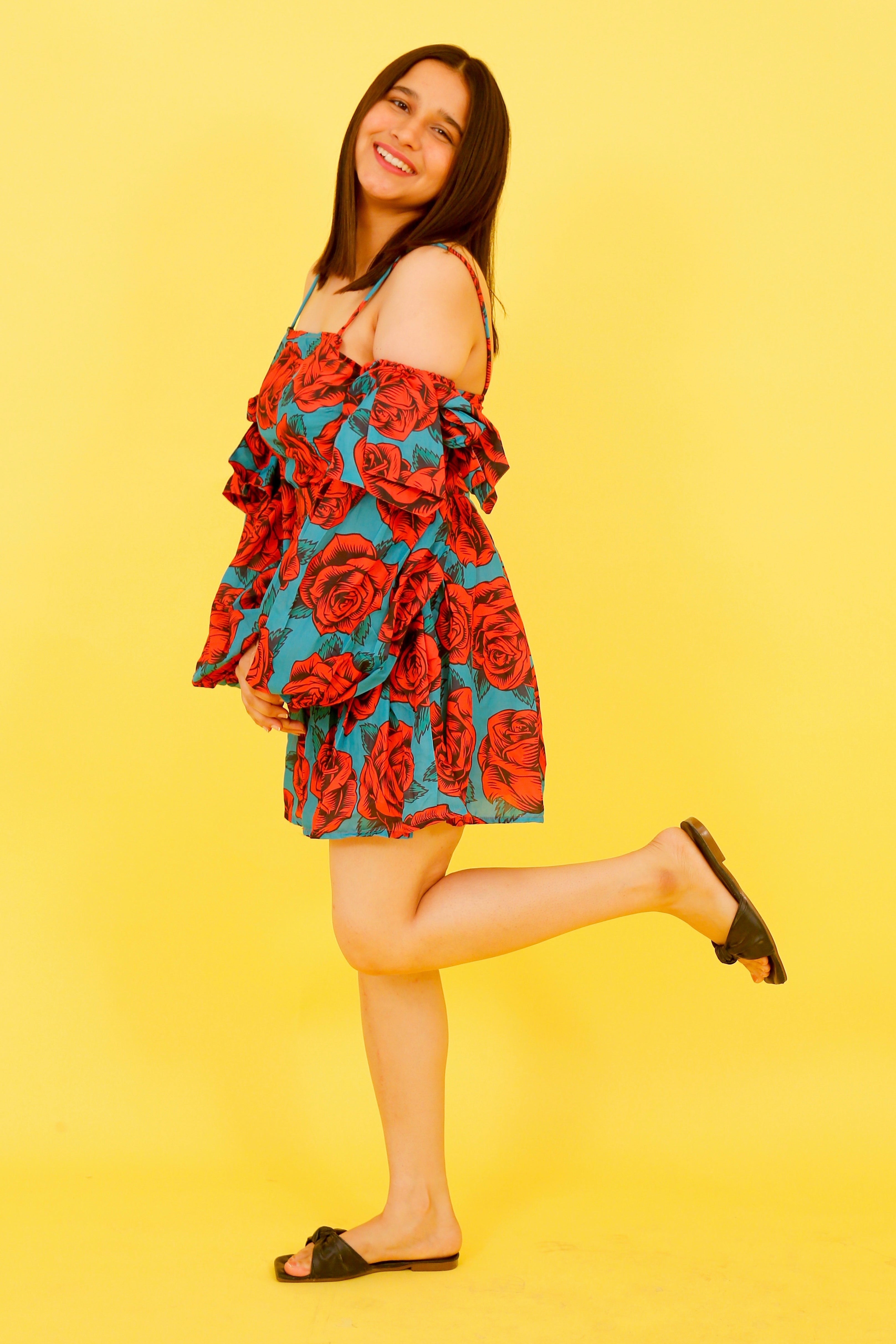 Red Rose Print Balloon Tie-Up Sleeve Dress
