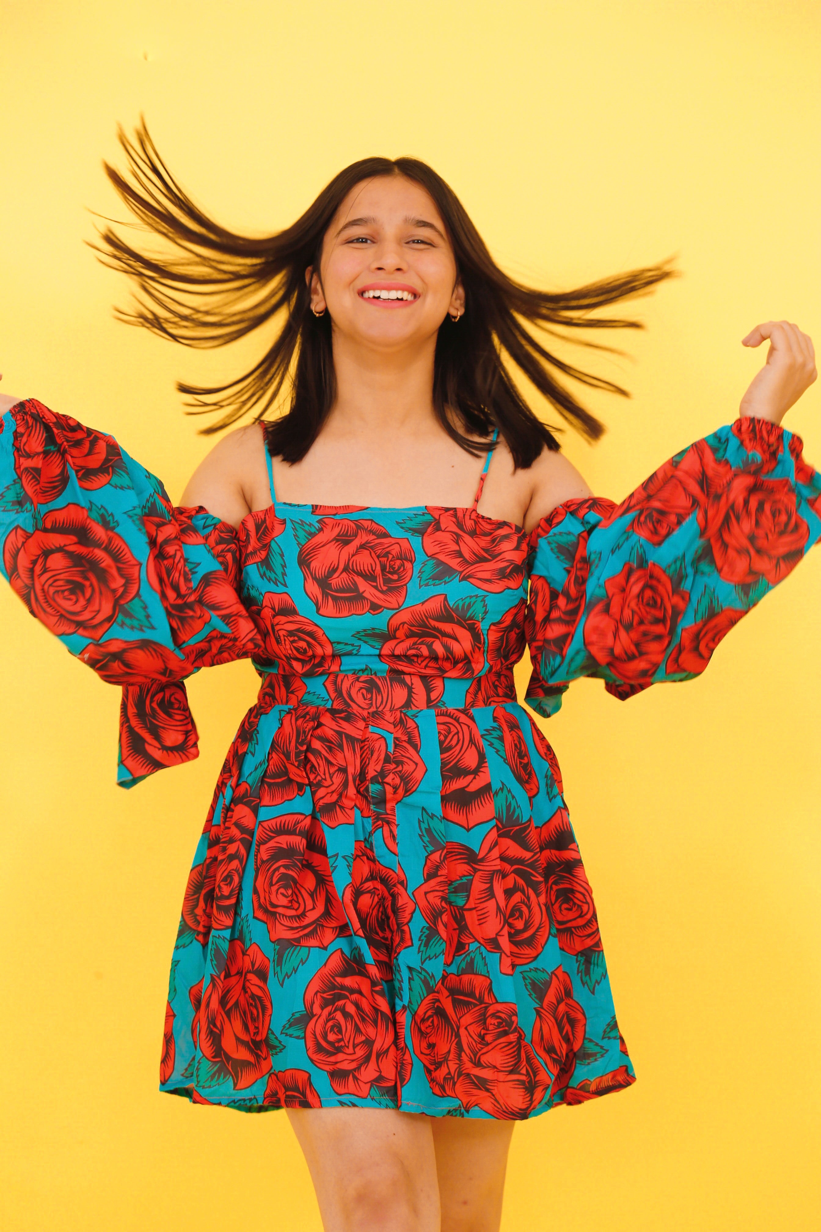 Red Rose Print Balloon Tie-Up Sleeve Dress